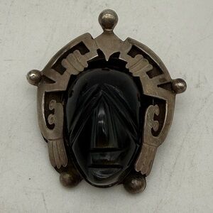 Vintage Taxco Mexican Sterling Silver Obsidian Aztec Face Mask Pendant Brooch